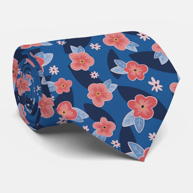 Peach & Blue Floral Pattern Neck Tie (Rolled)