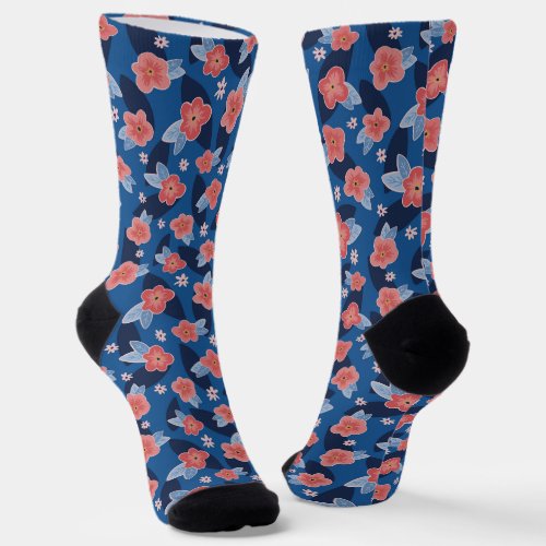 Peach  Blue Floral pattern Socks