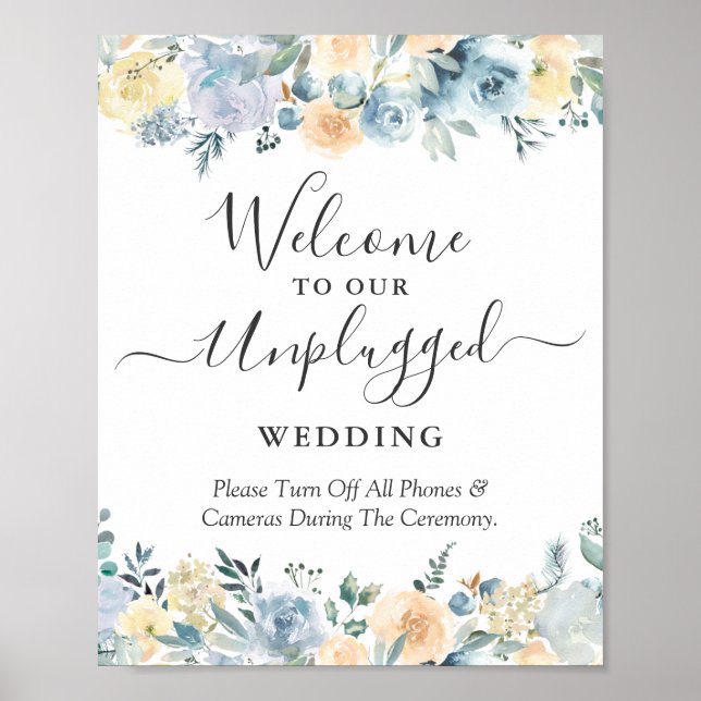 Peach Blue Floral Unplugged Wedding Sign (Front)
