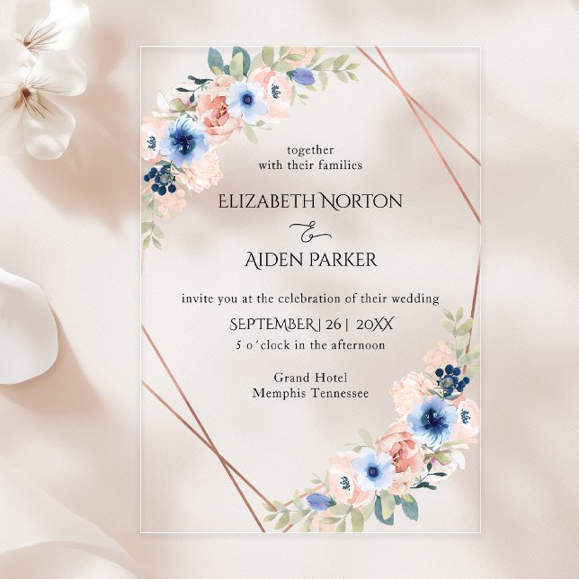 Peach, Blue, Floral Wedding Collection Acrylic Invitations (Peach, Blue, Floral Wedding Collection Acrylic Acrylic Invitations)