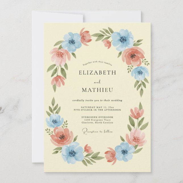 Peach Blue Floral Wreath Wedding Invitation (Front)