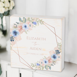 Peach blue flowers wedding wooden box sign