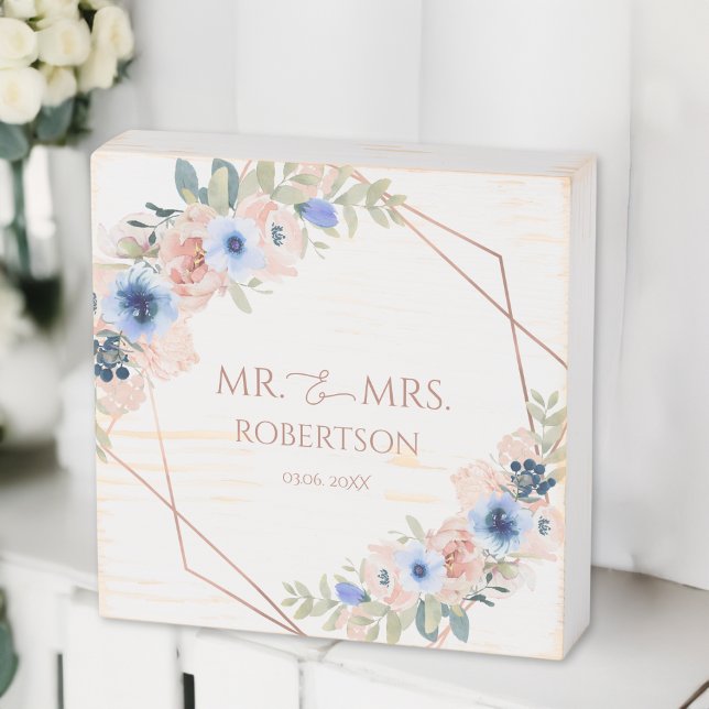 Peach blue flowers wedding wooden box sign (Peach blue flowers wedding wooden box sign with your name and date.)