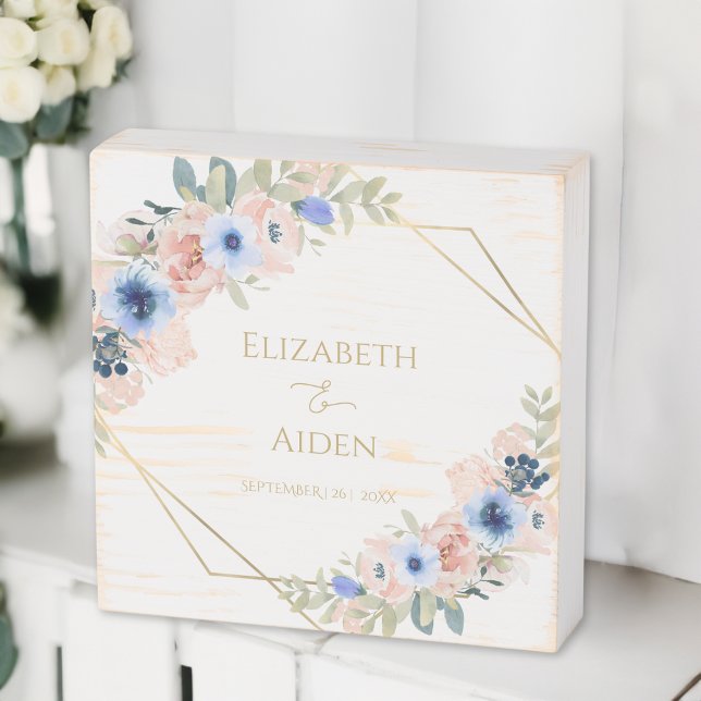 Peach blue flowers wedding wooden box sign (Peach blue flowers wedding wooden box sign with your name and date.)