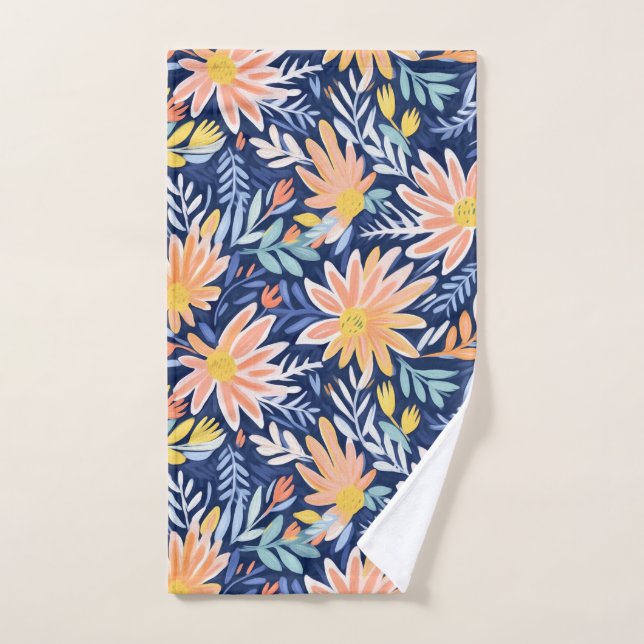 Peach blue folk floral hand towel  (Hand Towel)