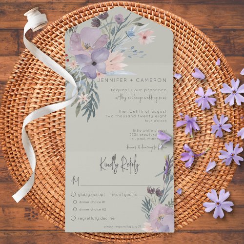 Peach Blue  Lavender Boho Floral Green Dinner All In One Invitation