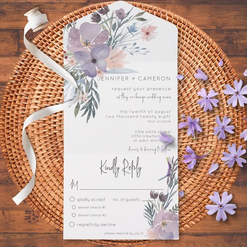 Peach Blue  Lavender Boho Floral White Dinner All In One Invitation