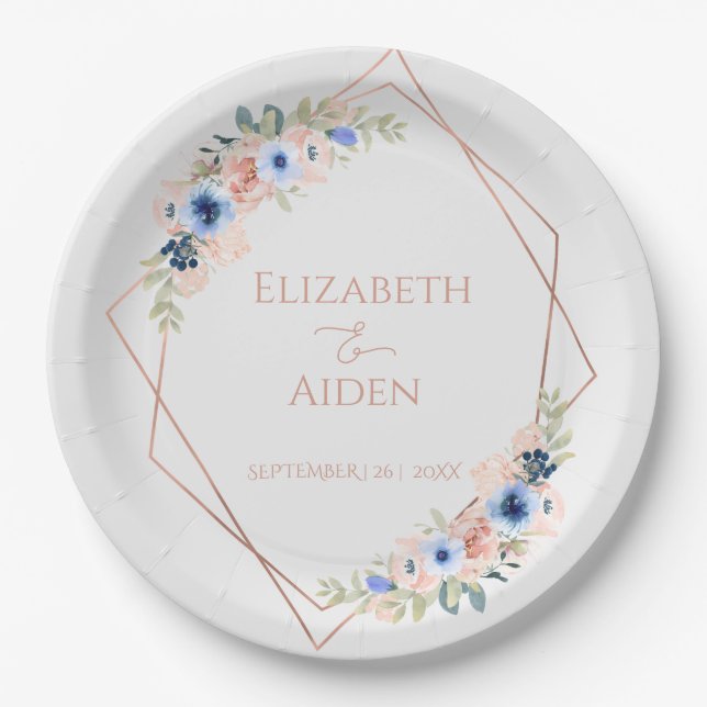 Peach Blue Light-Grey Wedding Collection Paper Plates (Front)