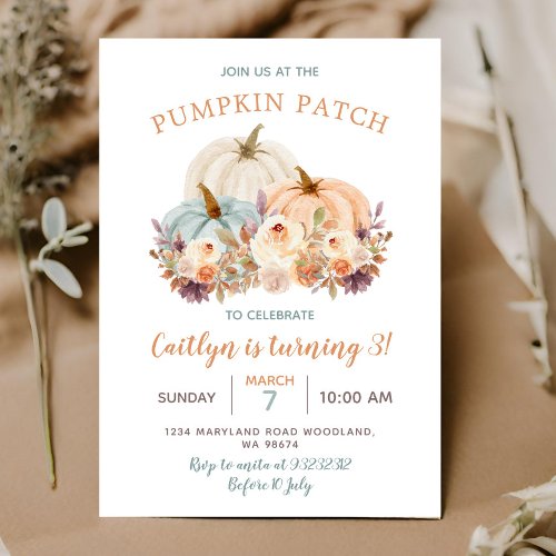 Peach  Blue Mint Pumpkin Patch 3rd Birthday Invitation