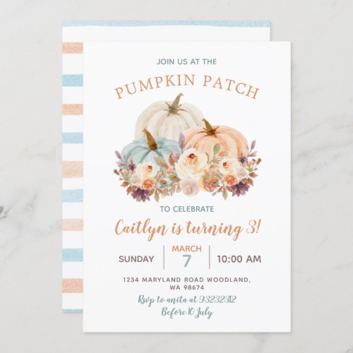 Peach  Blue Mint Pumpkin Patch 3rd Birthday Invitation