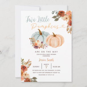 Peach & Blue Mint Two Little Pumpkin Baby Shower  Invitation