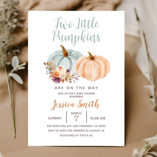 Peach  Blue Mint Two Little Pumpkin Baby Shower Invitation