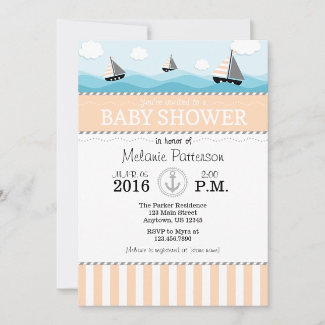 Peach Blue Nautical Baby Shower Invitation (Front)