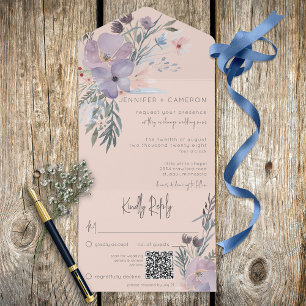 Peach Blue & Purple Boho Floral Peach QR Code All In One Invitation