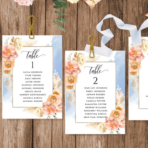 Peach Blue Seating Plan Cards with Guest Names