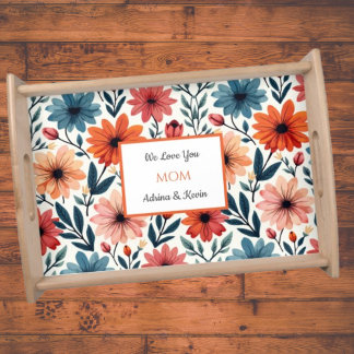 Peach & blue Spring floral pattern Custom name Serving Tray