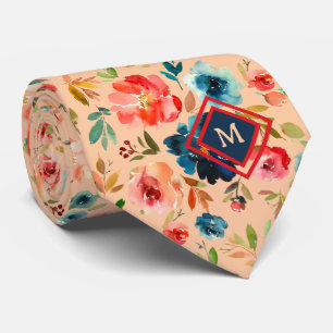 Peach Blue Watercolor Roses Monogram Neck Tie