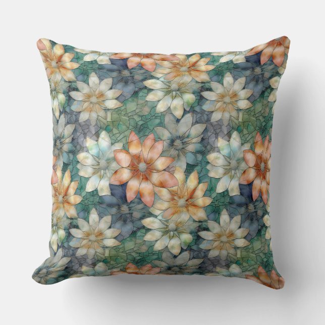 Peach Blue White Green Floral Throw Pillow (Front)