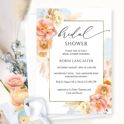 Peach Blush and Blue Floral Bridal Shower Brunch Invitation