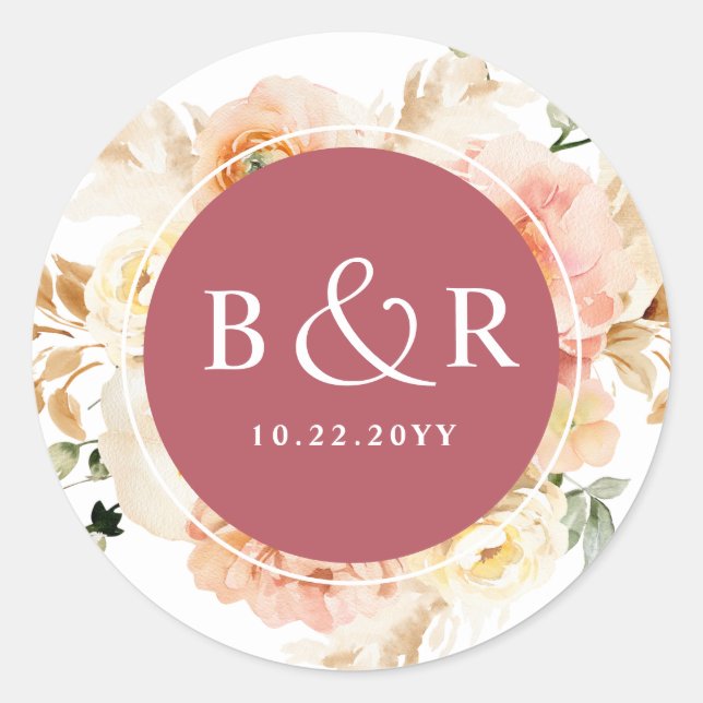 Peach Blush and Burgundy Wedding Envelope / Favor Classic Round Sticker (Front)