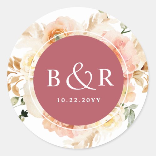 Peach Blush and Burgundy Wedding Envelope  Favor Classic Round Sticker