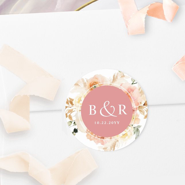 Peach Blush and Coral Wedding Envelope / Favor Classic Round Sticker (Creator Uploaded)