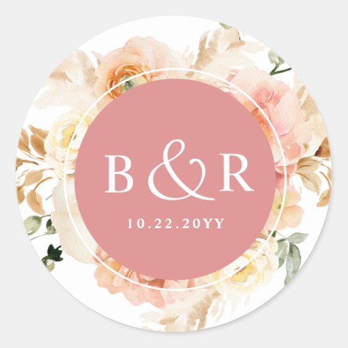 Peach Blush and Coral Wedding Envelope  Favor Classic Round Sticker