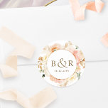 Peach, Blush and Gold Wedding Envelope / Favor Classic Round Sticker<br><div class="desc">Elegant monogrammed wedding envelope seal or favor sticker with gorgeous watercolor floral detail in a beautiful blend of peach, orange, blush pink, cream and champagne hues. Center in white with initials and second text line in golden hues. Two size options and several shape options to choose from. Bottom text line...</div>
