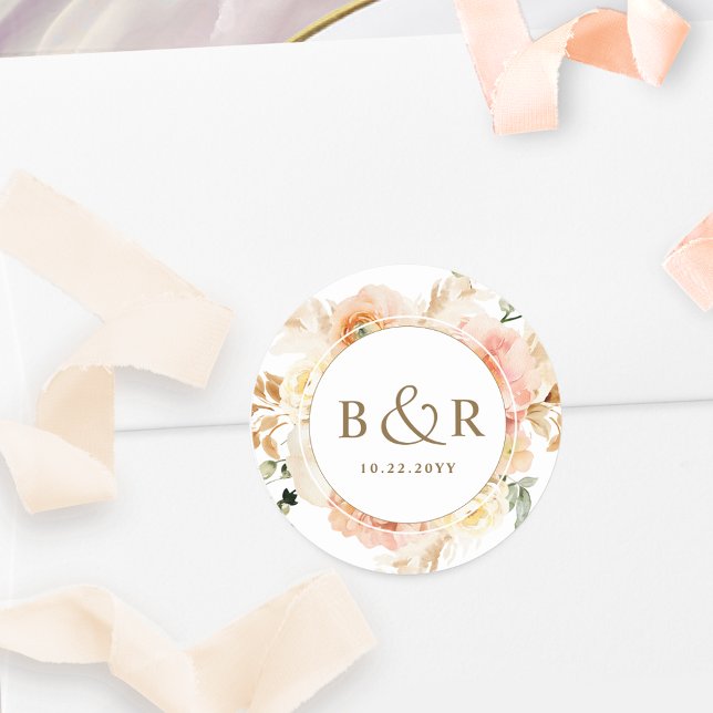 Peach, Blush and Gold Wedding Envelope / Favor Classic Round Sticker (Creator Uploaded)
