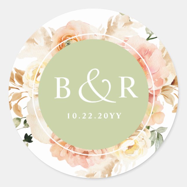 Peach, Blush and Green Wedding Envelope / Favor Classic Round Sticker (Front)