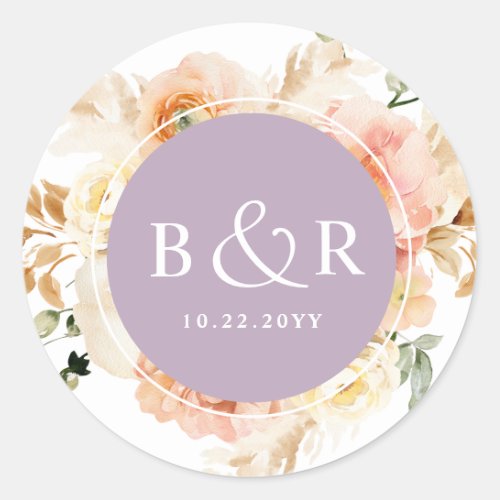 Peach Blush and Lavender Wedding Envelope  Favor Classic Round Sticker