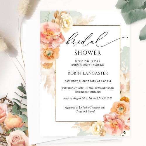 Peach Blush and Sage Floral Bridal Shower Brunch Invitation