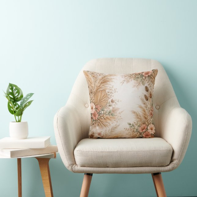 Peach Blush Boho Pampas Floral Frame Throw Pillow (Chair)