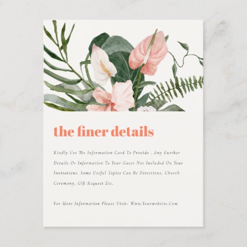 Peach Blush Boho Tropical Floral Wedding Details Enclosure Card