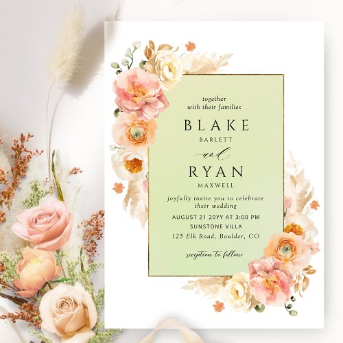 Peach Blush Cream and Green Floral Chic Wedding I Invitation