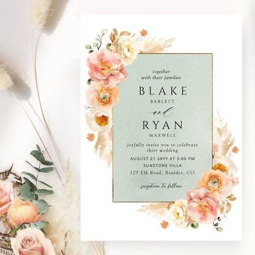 Peach Blush Cream and Sage Floral Chic Wedding Invitation