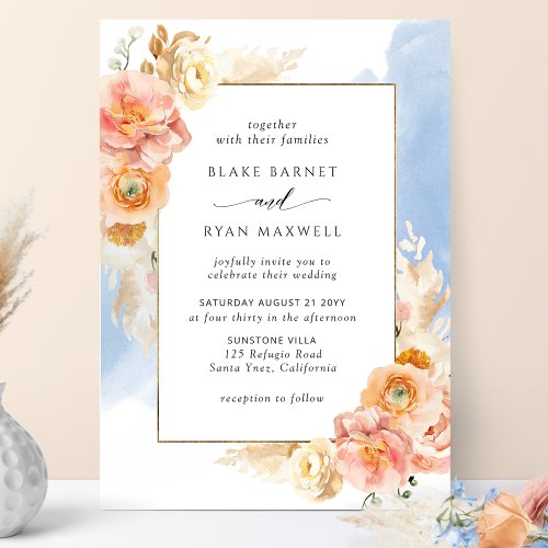 Peach Blush Floral Blue Watercolor Chic Wedding Invitation