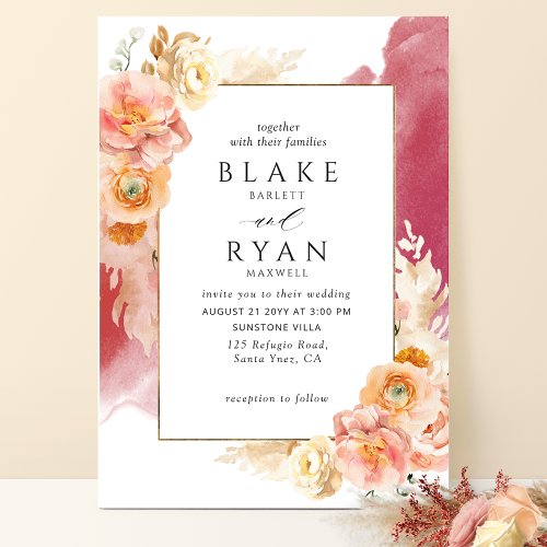 Peach Blush Floral Burgundy Watercolor Wedding Invitation
