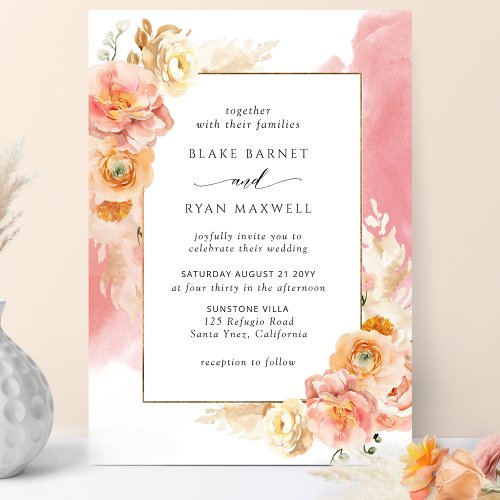  Peach Blush Floral Coral Watercolor Chic Wedding Invitation