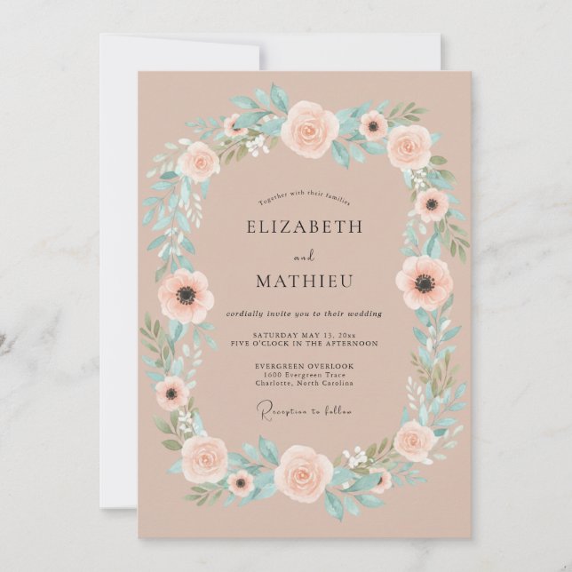 Peach Blush Floral Garland Wedding Invitation (Front)