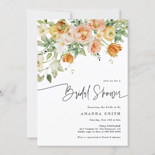 Peach Blush Floral Greenery Summer Bridal Shower Invitation