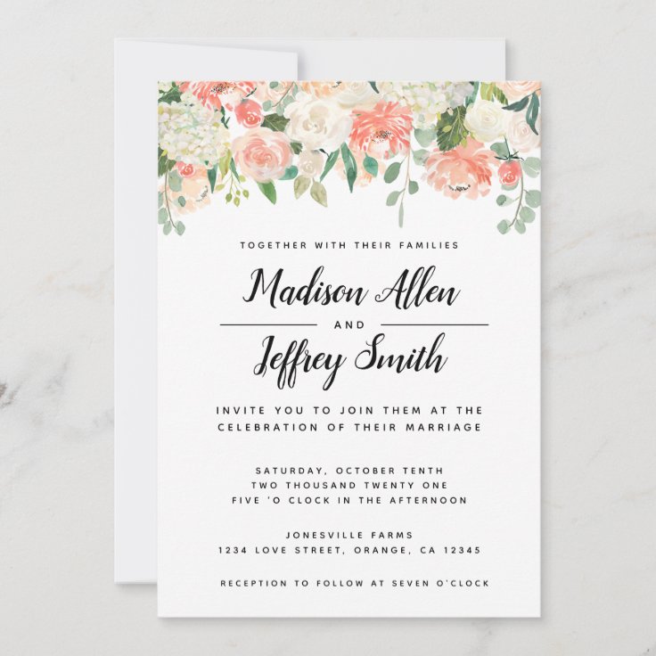 Peach Blush Floral Greenery Wedding Invitation | Zazzle