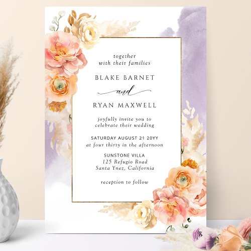 Peach Blush Floral Purple Watercolor Chic Wedding Invitation