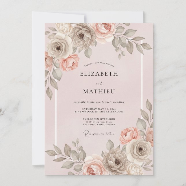 Peach Blush Floral Romance Wedding Invitation (Front)