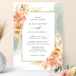 Peach Blush Floral, Sage Watercolor Chic Wedding Invitation