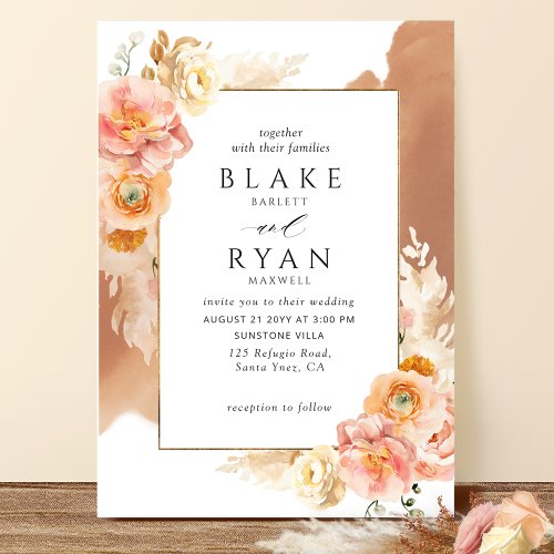 Peach Blush Floral Terracotta Watercolor Wedding Invitation