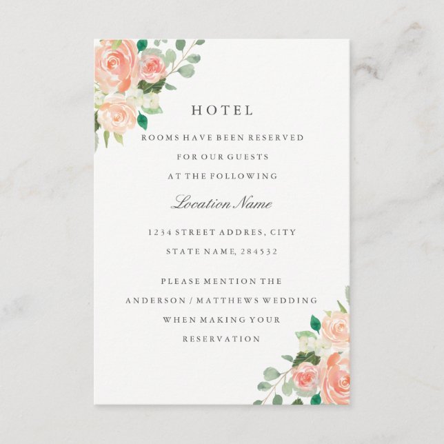 Peach Blush Floral Wedding Hotel Accommodation Enclosure Card (Front)