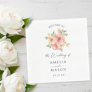 Peach Blush Floral White Wedding Napkins
