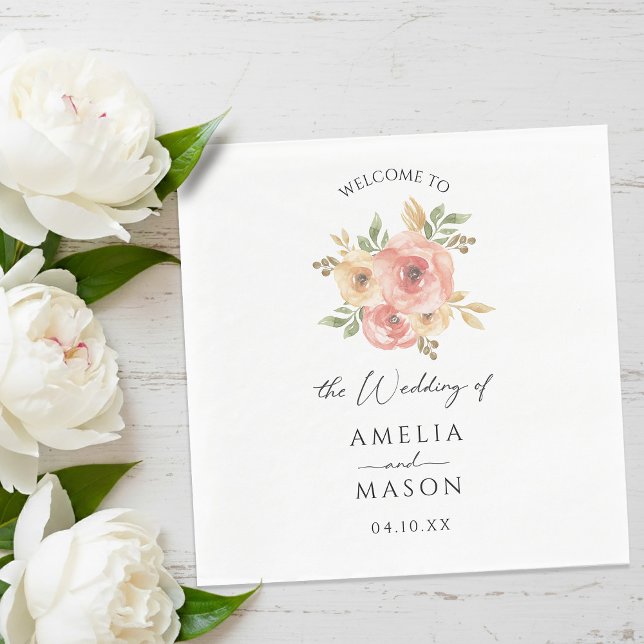 Peach Blush Floral White Wedding  Napkins (Peach Blush Floral White Wedding Napkins)