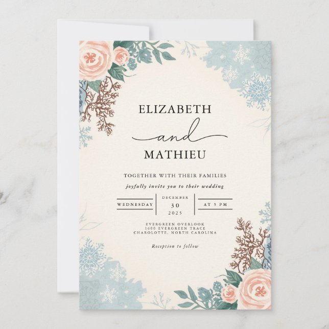 Peach Blush Floral Winter Wedding Invitation (Front)